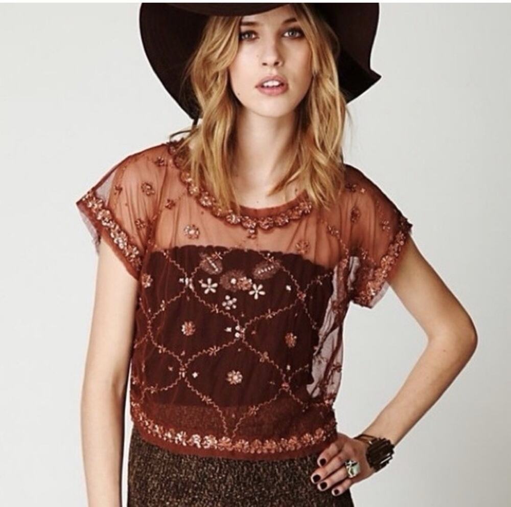 Free People XS Sheer Mesh Sequin Embroidered Blouse NWOT